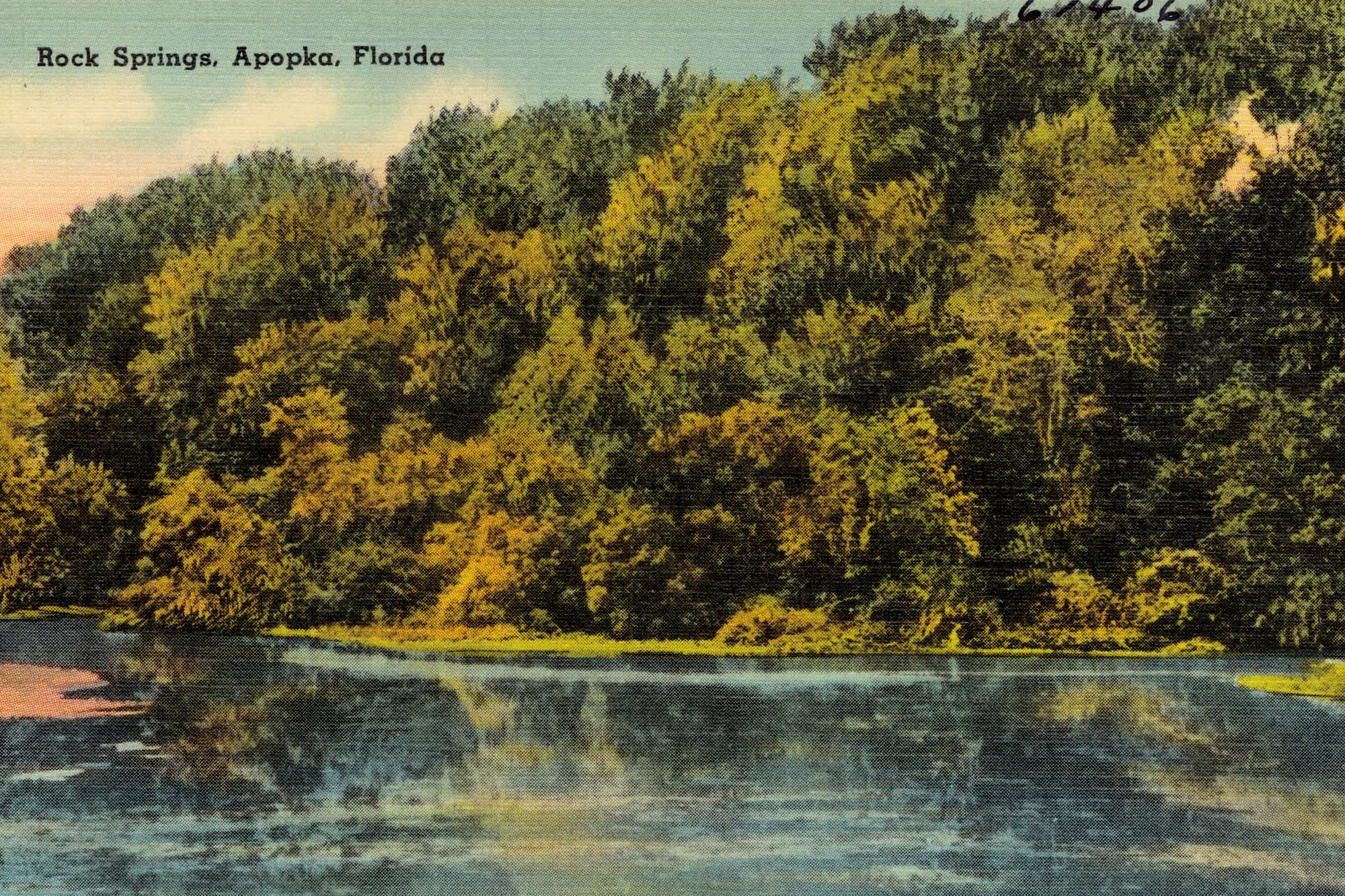 A tinted postcard of swimmers at Rock Springs near Apopka, with the spring emerging from a limestone bluff.
