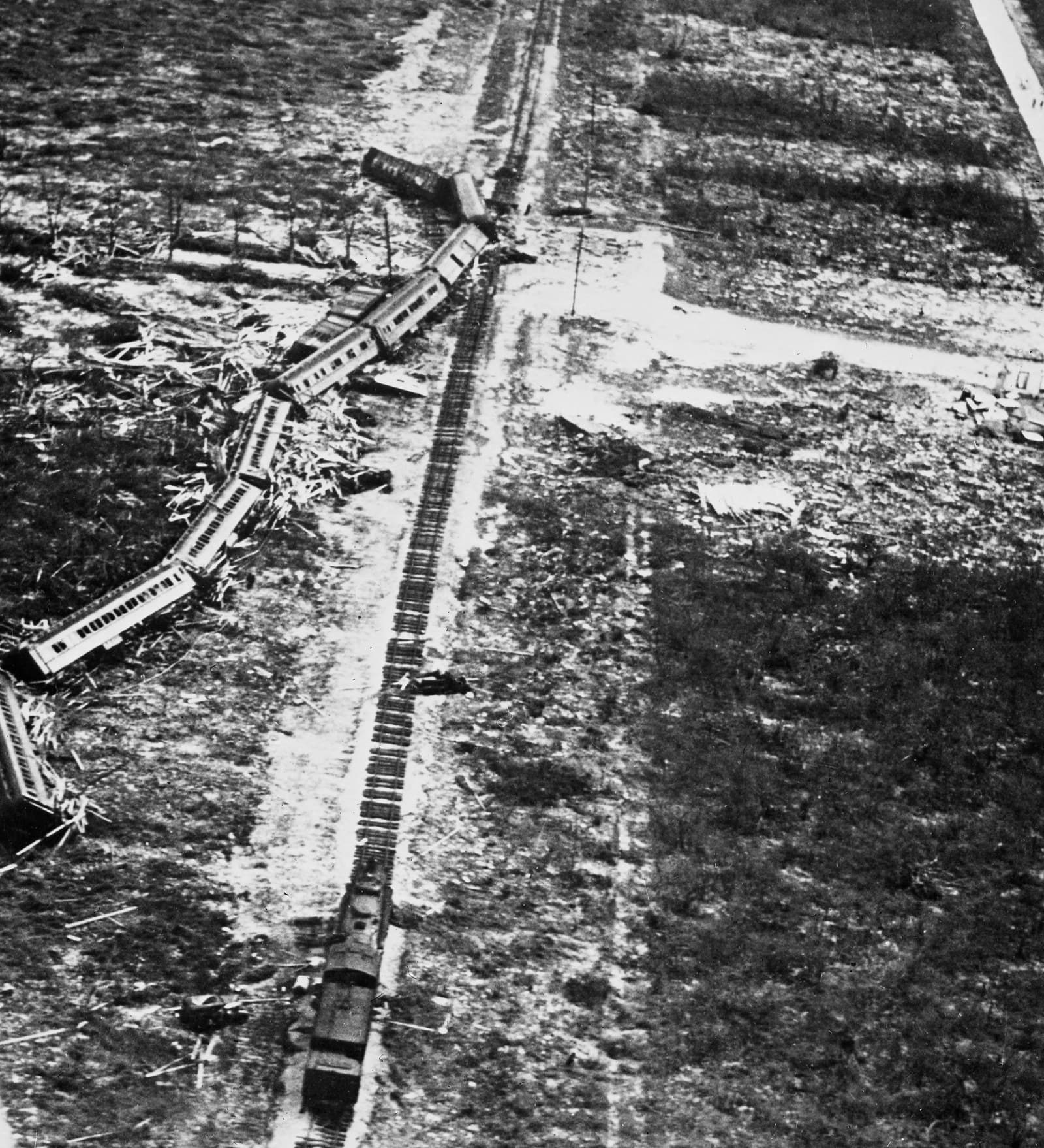 The eleven-car rescue train, swept off the tracks at Islamorada on September 2, 1935, photographed three days later