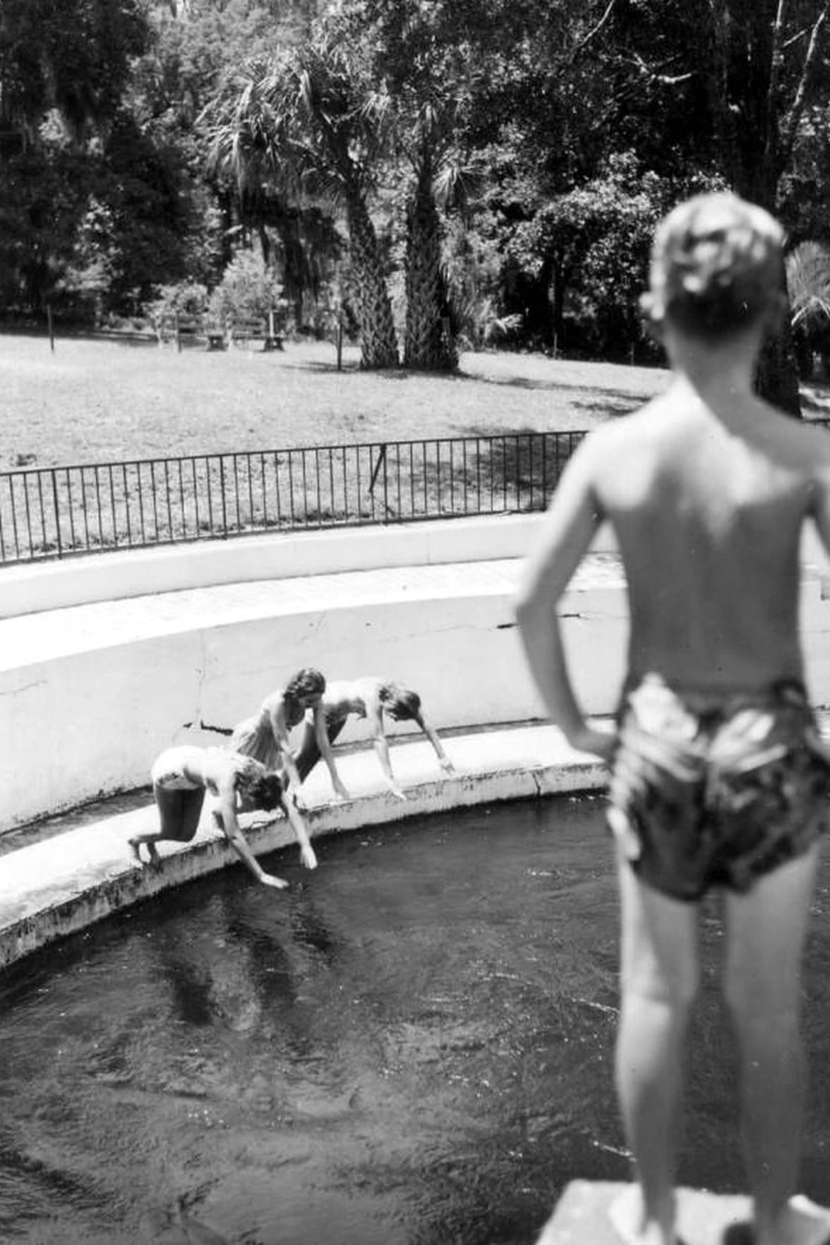 The diving boards over the boil, 1946. The platform came down after the park closed; a floating dock stands forty feet out now